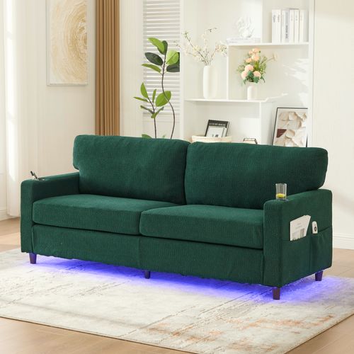 Canapé Droit 203*77.5*86cm, LED, Poche Latérale, Charge, Porte-gobelets, Dossier Doux, Chenille Vert