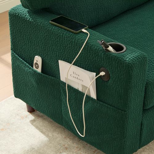 Canapé Droit 203*77.5*86cm, LED, Poche Latérale, Charge, Porte-gobelets, Dossier Doux, Chenille Vert