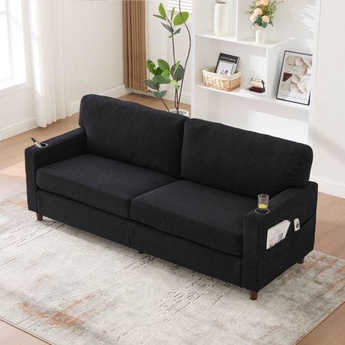 Canapé Droit 203*77.5*86cm, LED, Poche Latérale, Charge, Porte-gobelets, Dossier Doux, Chenille Noir