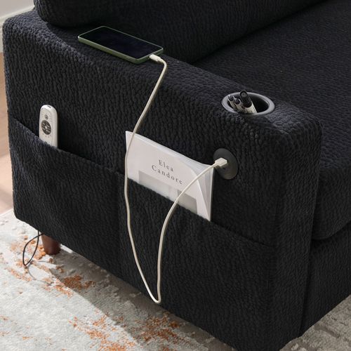 Canapé Droit 203*77.5*86cm, LED, Poche Latérale, Charge, Porte-gobelets, Dossier Doux, Chenille Noir