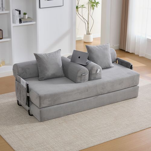 Canapé Convertible 200x94x67cm, Poche Latérale, 3 Coussins Doux, Velours Côtelé, Gris Clair
