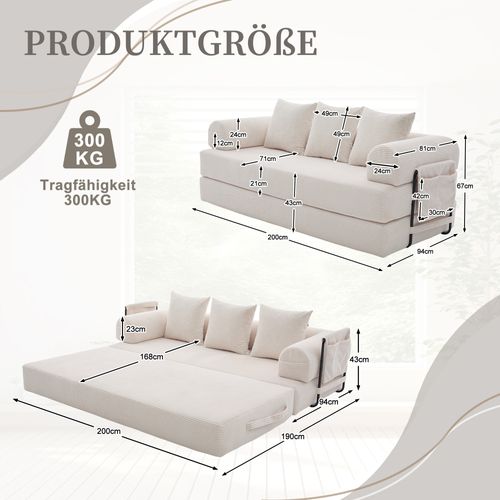 Canapé Convertible 200x94x67cm, Canapé Avec 3 Coussins Doux, Poche Latérale, Velours Côtelé, Beige