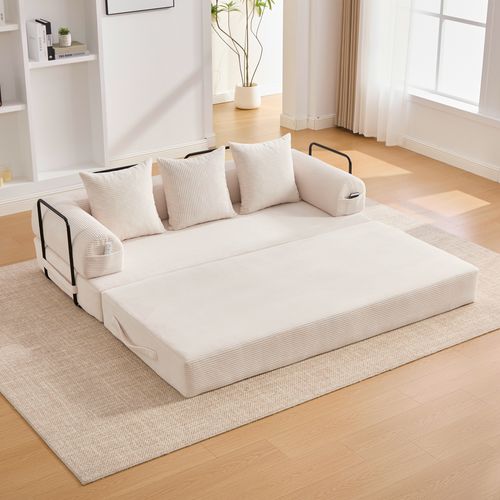 Canapé Convertible 200x94x67cm, Canapé Avec 3 Coussins Doux, Poche Latérale, Velours Côtelé, Beige