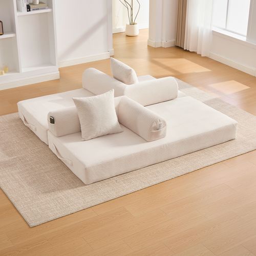 Canapé Convertible 200x94x67cm, Canapé Avec 3 Coussins Doux, Poche Latérale, Velours Côtelé, Beige