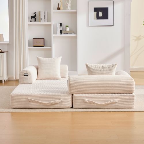 Canapé Convertible 200x94x67cm, Canapé Avec 3 Coussins Doux, Poche Latérale, Velours Côtelé, Beige
