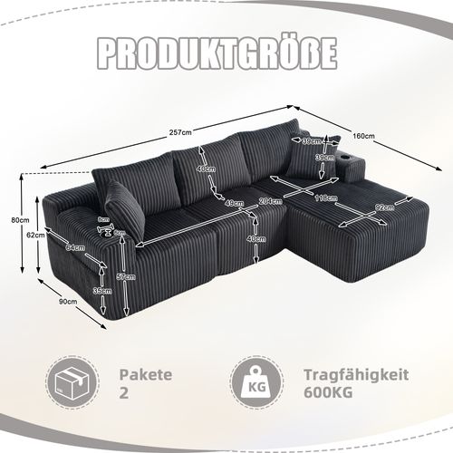 Canapé Angle 257x160x62cm, Porte-gobelet, 5 Coussins, Poches Latérales, Velours Côtelé, Gris