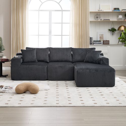 Canapé Angle 257x160x62cm, Porte-gobelet, 5 Coussins, Poches Latérales, Velours Côtelé, Gris