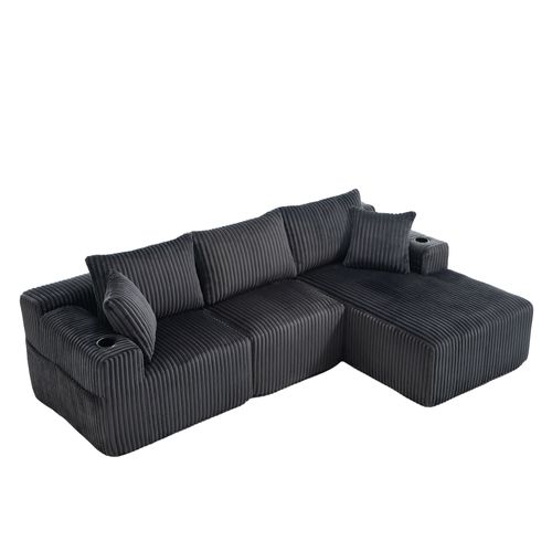 Canapé Angle 257x160x62cm, Porte-gobelet, 5 Coussins, Poches Latérales, Velours Côtelé, Gris