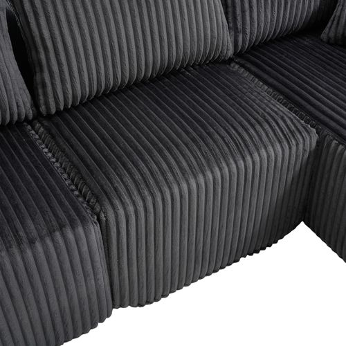 Canapé Angle 257x160x62cm, Porte-gobelet, 5 Coussins, Poches Latérales, Velours Côtelé, Gris