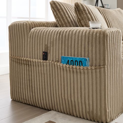 Canapé Angle 257x160x62cm, Porte-gobelet, Poches Latérales, 5 Coussins, Velours Côtelé, Kaki