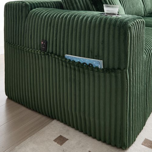 Canapé Angle 257x160x62cm, Porte-gobelet, 5 Coussins Moelleux, Poches Latérale, Velours Côtelé, Vert