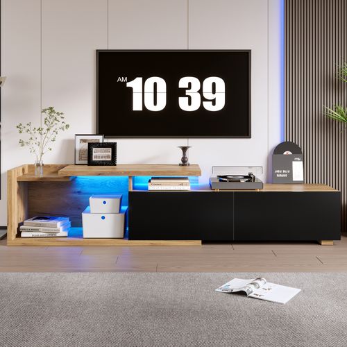 Meuble TV 133.5x40x45cm, 2-en-1, LED, 2 Tiroirs, Meuble Modulable, En Mdf, Couleur Bois Et Noir