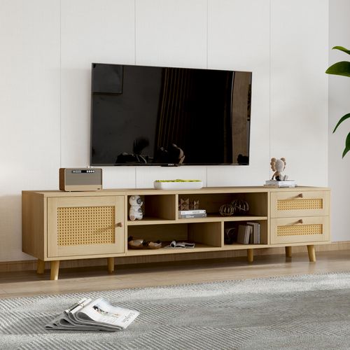 Meuble TV 160x39x40cm, 2 Tiroirs En Rotin, 1 Porte, Passe-câbles, Aggloméré, Couleur Bois