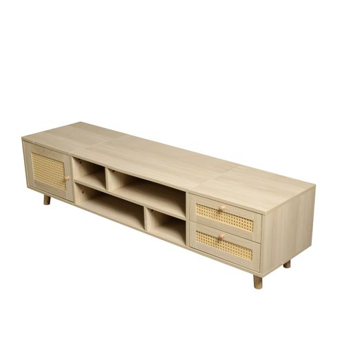 Meuble TV 160x39x40cm, 2 Tiroirs En Rotin, 1 Porte, Passe-câbles, Aggloméré, Couleur Bois