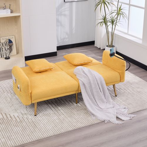 Canapé Convertible 2 Places 173x78x78 Cm, Canapé-lit, Réglable, Port USB, Poche, Chenille Jaune