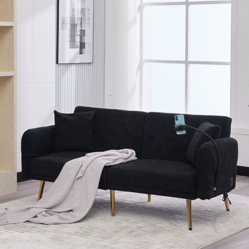 Canapé Convertible 2 Places 173x78x78 Cm, Canapé-lit, Réglable, Port USB, Poche, Chenille Noir