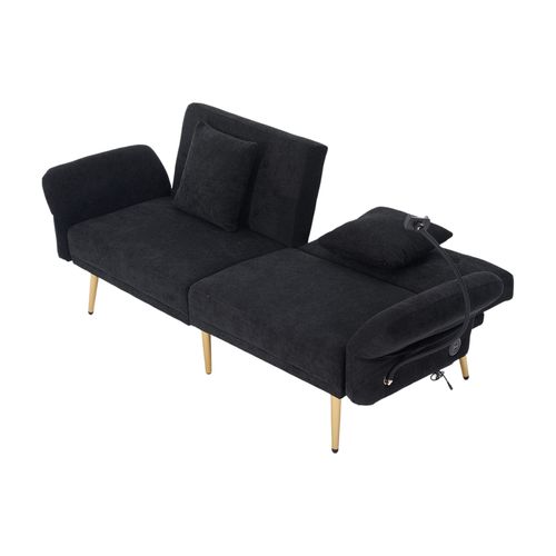 Canapé Convertible 2 Places 173x78x78 Cm, Canapé-lit, Réglable, Port USB, Poche, Chenille Noir