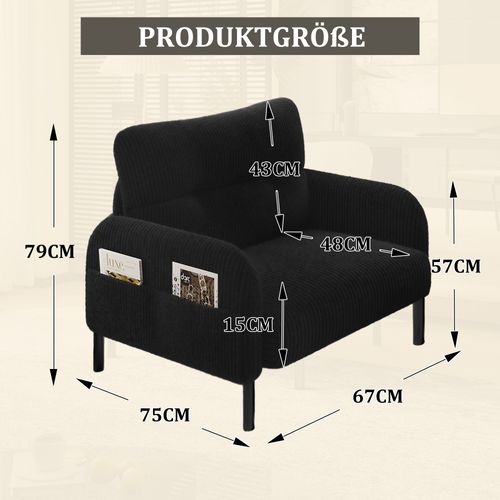 Fauteuil Fixe Simple Moderne 67x75x79 Cm, 4 Poches, Structure Solide, Velours Côtelé Noir