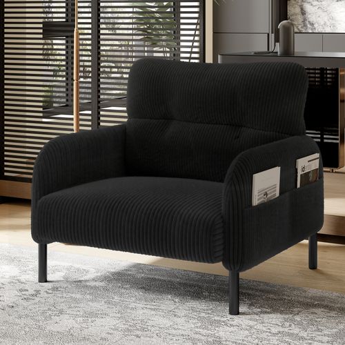 Fauteuil Fixe Simple Moderne 67x75x79 Cm, 4 Poches, Structure Solide, Velours Côtelé Noir