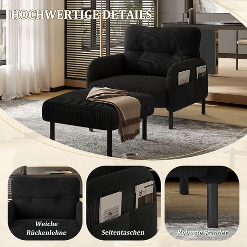 Fauteuil Fixe Simple Moderne 67x75x79 Cm, 4 Poches, Structure Solide, Velours Côtelé Noir