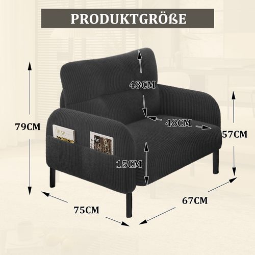 Fauteuil Fixe Simple Moderne 67x75x79 Cm, 4 Poches, Structure Solide, Velours Côtelé Gris