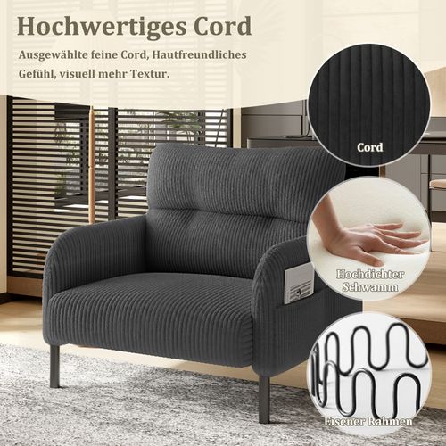 Fauteuil Fixe Simple Moderne 67x75x79 Cm, 4 Poches, Structure Solide, Velours Côtelé Gris