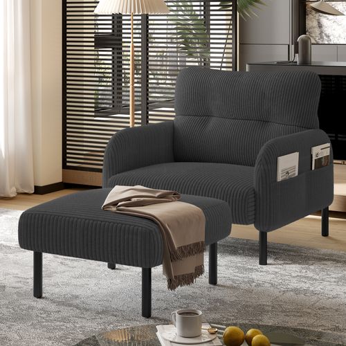 Fauteuil Fixe Simple Moderne 67x75x79 Cm, 4 Poches, Structure Solide, Velours Côtelé Gris