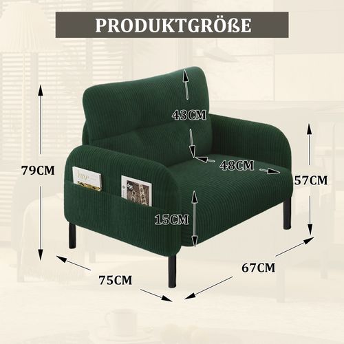 Fauteuil Fixe Simple Moderne 67x75x79cm, 4 Poches, Structure Solide, Velours Côtelé Vert Émeraude