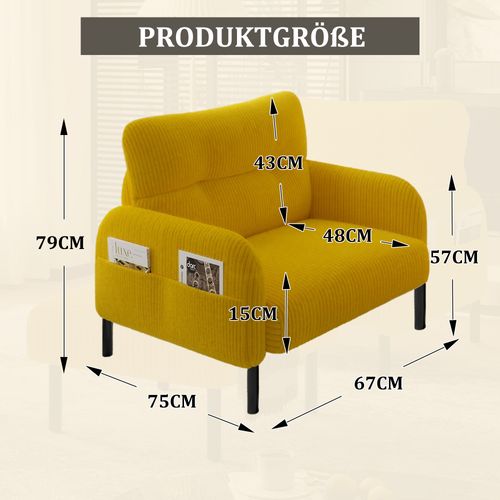 Fauteuil Fixe Simple Moderne 67x75x79 Cm, 4 Poches, Structure Solide, Velours Côtelé Jaune