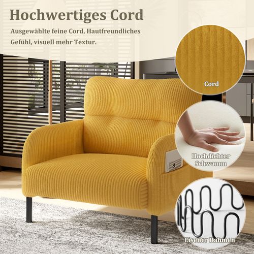 Fauteuil Fixe Simple Moderne 67x75x79 Cm, 4 Poches, Structure Solide, Velours Côtelé Jaune