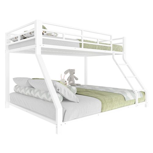 Lit Superposé 90x200 Cm+140x200 Cm Avec Barrière, Escalier, Sommiers, Métal Blanc