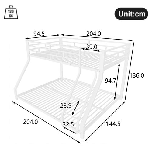 Lit Superposé 90x200 Cm+140x200 Cm Avec Barrière, Escalier, Sommiers, Métal Blanc