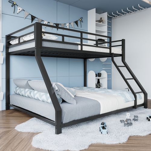 Lit Superposé 90x200 Cm+140x200 Cm Avec Barrière, Escalier, Sommiers, Métal Noir
