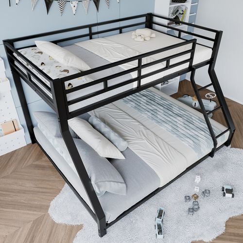 Lit Superposé 90x200 Cm+140x200 Cm Avec Barrière, Escalier, Sommiers, Métal Noir