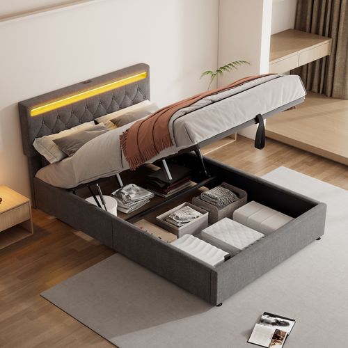 Lit Coffre Adulte 140x200 Cm, Lit Double Avec LED, USB Type-c, Tête De Lit, Sommier, Lin Gris