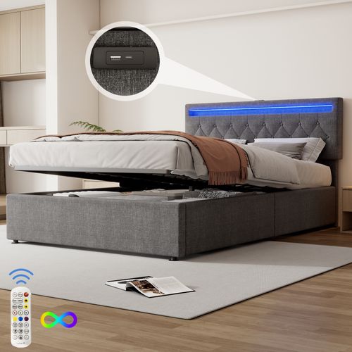 Lit Coffre Adulte 140x200 Cm, Lit Double Avec LED, USB Type-c, Tête De Lit, Sommier, Lin Gris
