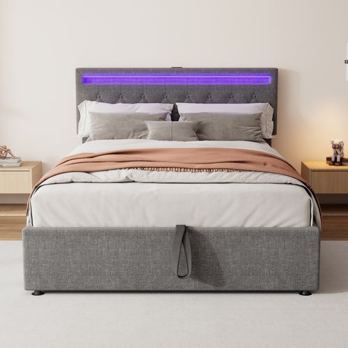Lit Coffre Adulte 140x200 Cm, Lit Double Avec LED, USB Type-c, Tête De Lit, Sommier, Lin Gris