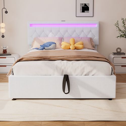 Lit Coffre Adulte 140x200 Cm, Lit Double Avec LED, USB Type-c, Tête De Lit, Sommier, Lin Blanc