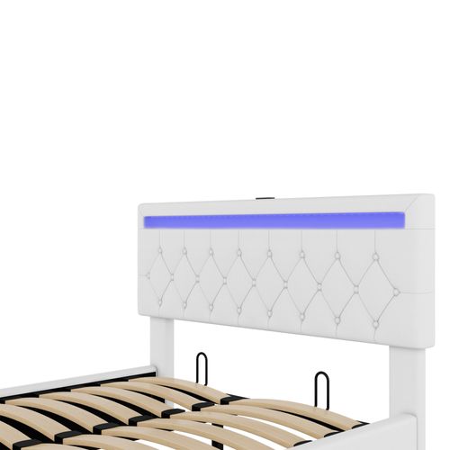 Lit Coffre Adulte 140x200 Cm, Lit Double Avec LED, USB Type-c, Tête De Lit, Sommier, Lin Blanc