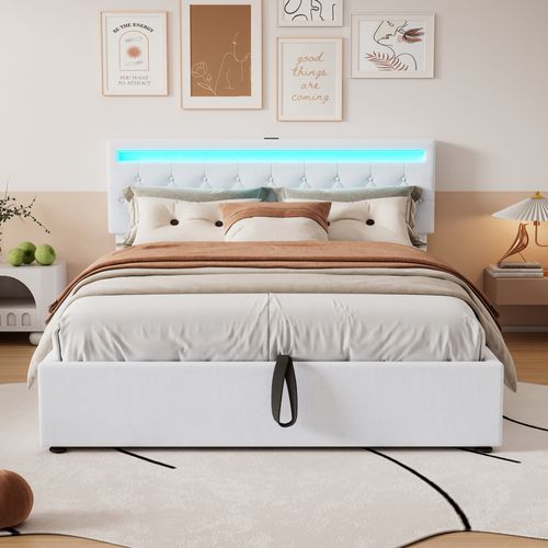 Lit Coffre Adulte 160x200 Cm, Lit Double Avec LED, USB Type-c, Tête De Lit, Sommier, Lin Blanc