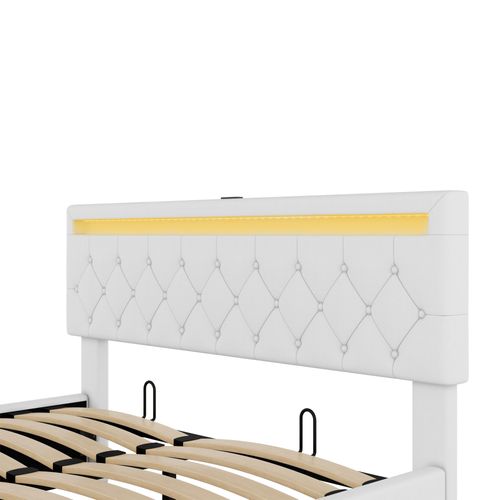 Lit Coffre Adulte 160x200 Cm, Lit Double Avec LED, USB Type-c, Tête De Lit, Sommier, Lin Blanc