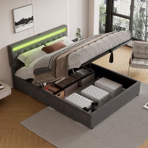 Lit Coffre Adulte 160x200 Cm, Lit Double Avec LED, USB Type-c, Tête De Lit, Sommier, Lin Gris