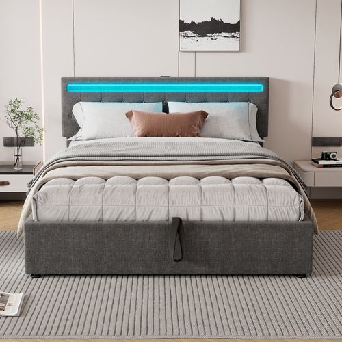 Lit Coffre Adulte 160x200 Cm, Lit Double Avec LED, USB Type-c, Tête De Lit, Sommier, Lin Gris
