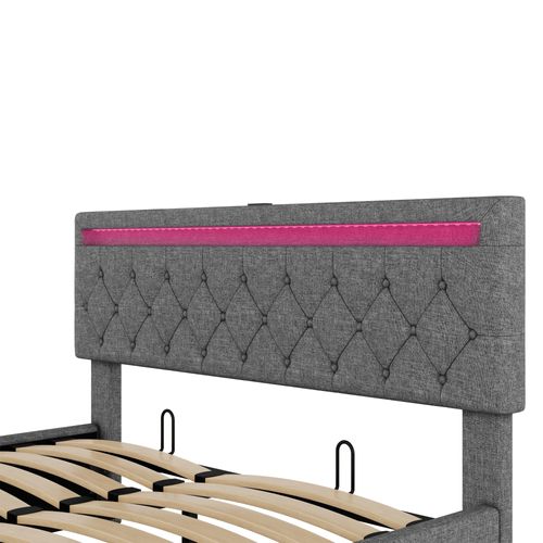 Lit Coffre Adulte 160x200 Cm, Lit Double Avec LED, USB Type-c, Tête De Lit, Sommier, Lin Gris