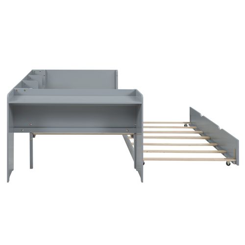 Lit Gigogne Enfant 90x200 Cm+90x180 Cm Avec Bureau, Étagères, Sommiers, Pin+mdf, Gris