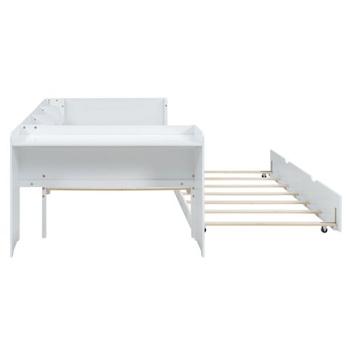 Lit Gigogne Enfant 90x200 Cm+90x180 Cm Avec Bureau, Étagères, Sommiers, Pin+mdf, Blanc