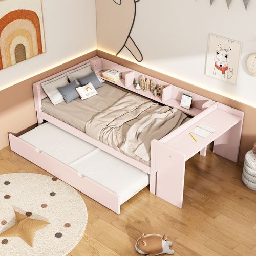 Lit Gigogne Enfant 90x200 Cm+90x180 Cm Avec Bureau, Étagères, Sommiers, Pin+mdf, Rose