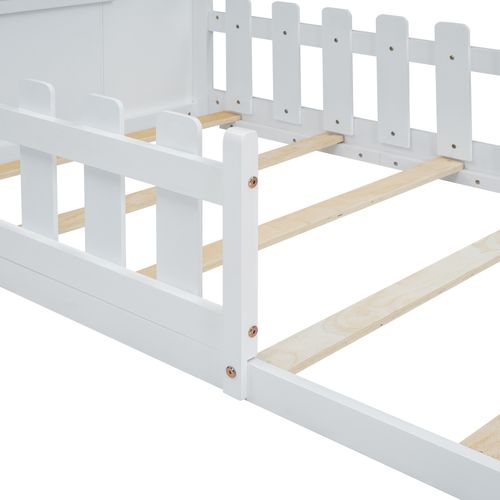 Lit Cabane Enfant 90x200 Cm, Lit Simple Avec Garde-corps, Sommier, Forme De Maison, Pin Blanc