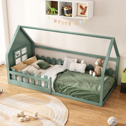 Lit Cabane Enfant 90x200 Cm, Lit Simple Avec Garde-corps, Sommier, Forme De Maison, Pin Vert