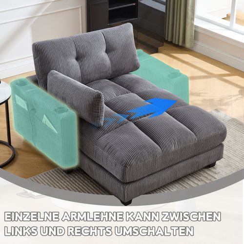 Méridienne 140x112x81cm Avec Accoudoirs, Porte-gobelets, Poches Latérales, Velours Côtelé Gris